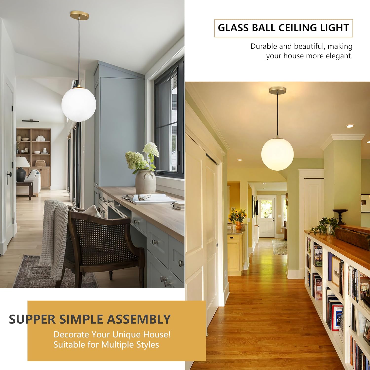 KoKo&Yukina 10" Globe Pendant Light Gold Mid Century Pendant Light Glass Globe Mid Century Modern Light Fixture Brushed Brass Finished with Milk Glass Lampshade for Dining Room Bedroom