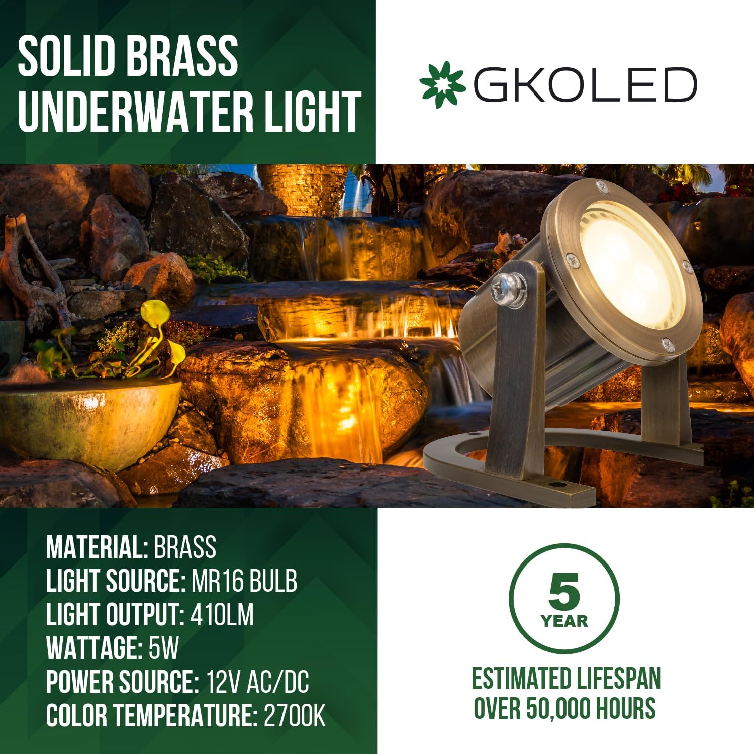 GKOLED Solid Brass Underwater Light, Low Voltage LED Pond Lights, Submersible Fountain Lighting with 5W 2700K 410LM MR16 Bulb, 9-15V AC/DC Outdoor Landscape Waterfall Light, IP68 Rated Pool Spotlights