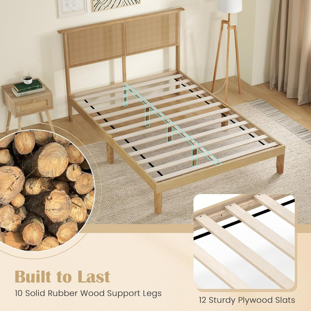 Giantex Rattan Full Bed Frame with Rattan Headboard, Boho Solid Wood Platform Bed with Wooden Slats, 12 Inch Full Size Bed Frame with Storage Underneath, No Box Spring Needed, Natural