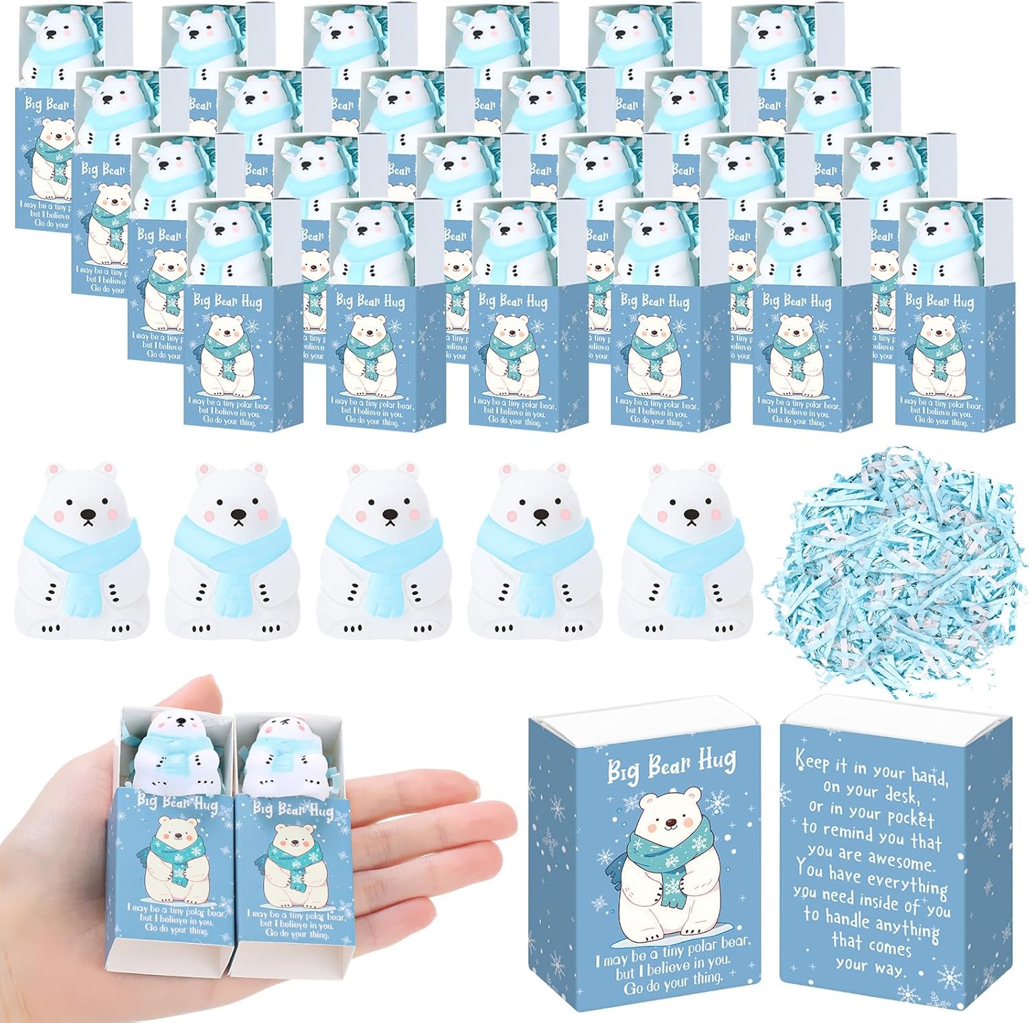 Wettarn 36 Sets Positive Polar Bear Gifts Cute Stress Balls with Support Gift Boxes Bear Hug Party Favors for Employee Coworker Friends Winter Desk Decor Office Relief Toys