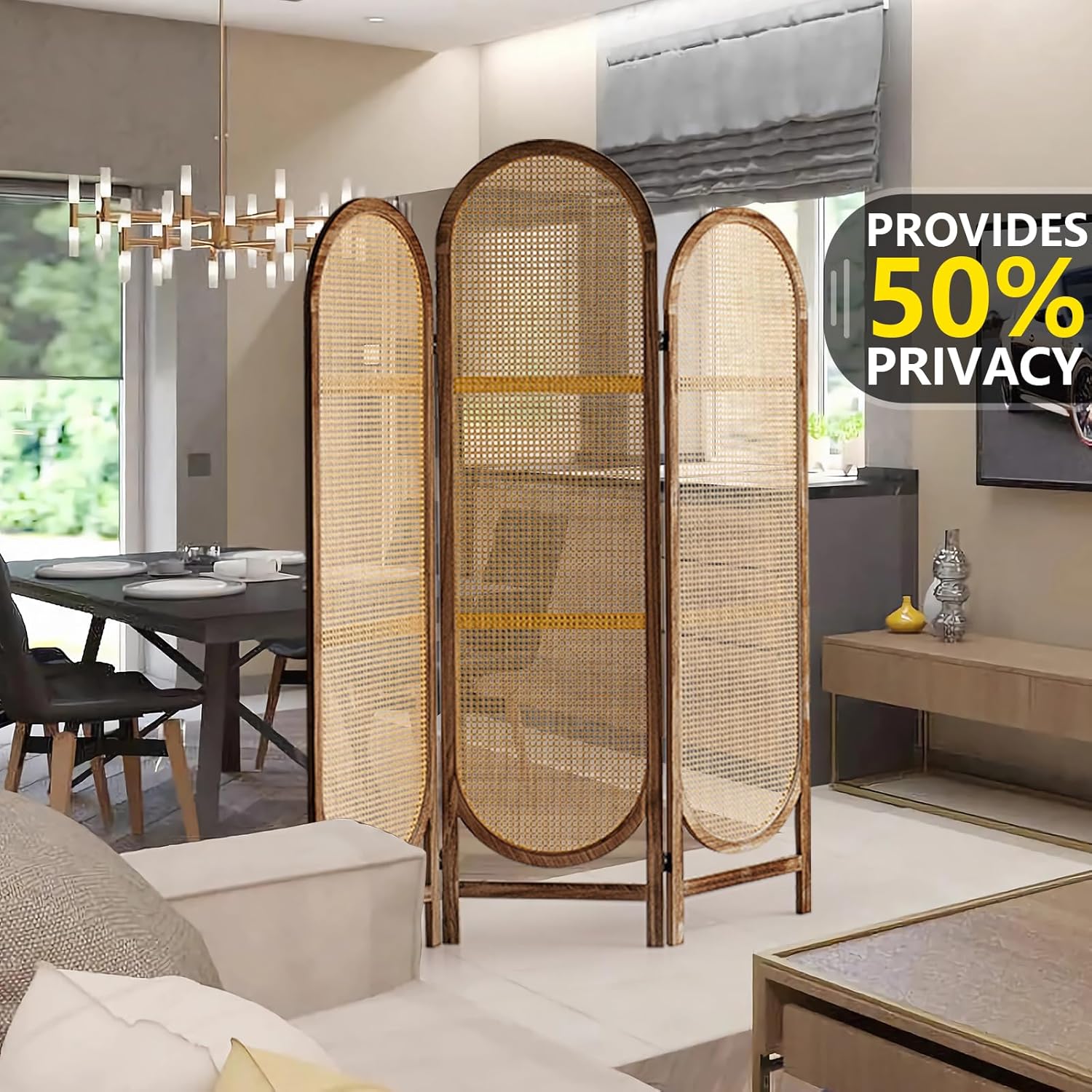 5.9 Ft Tall Hand-Woven Rattan Room Divider 3 Panels, Wood Room Divider Panel, Folding Screen Divider Wall, Wall Divider for Room Separation, Folding Privacy Screen, Home Office - Brown