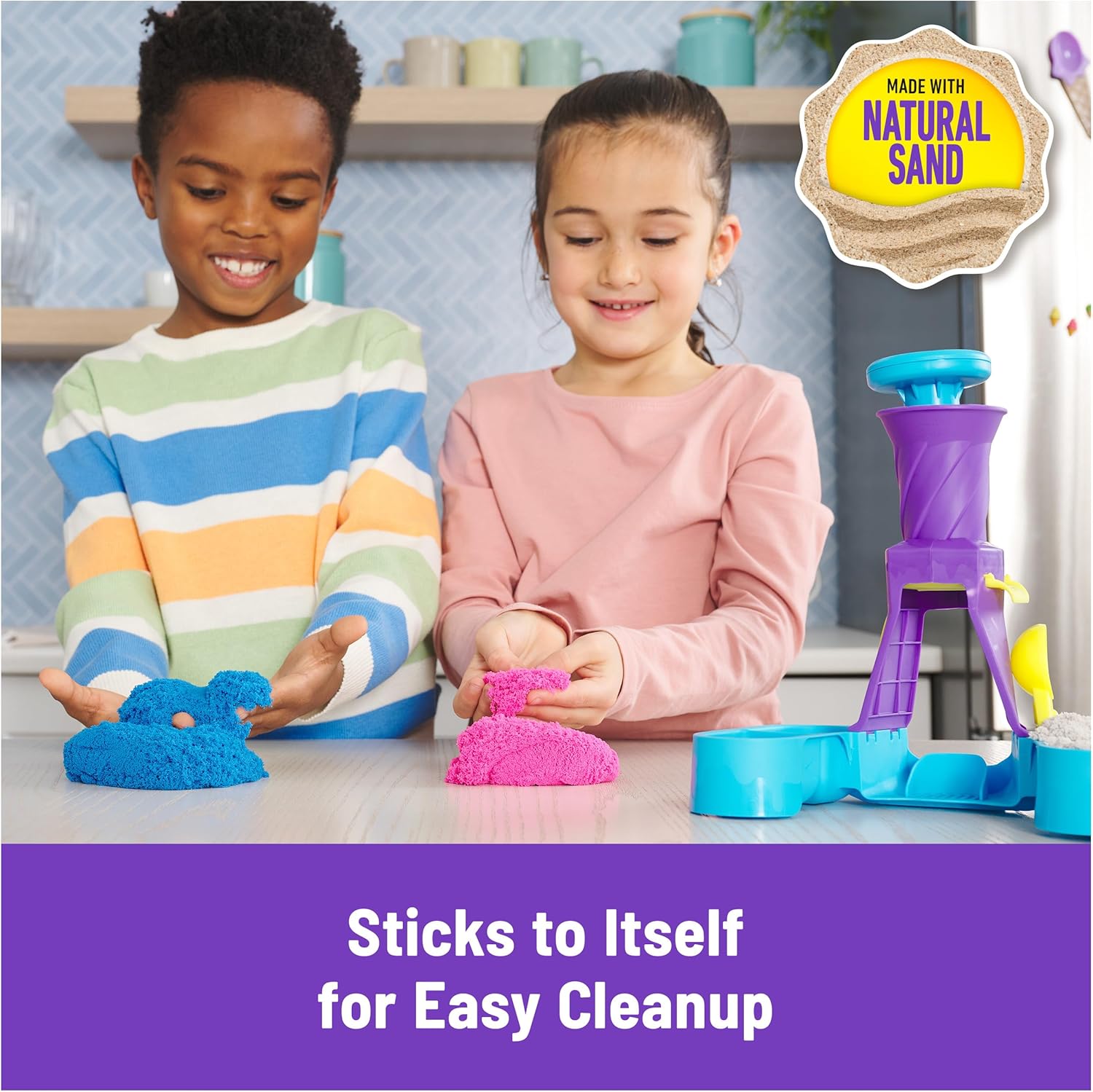 Kinetic Sand, Soft Serve Station with 14oz Play Sand (Blue, Pink & White), 2 Ice Cream Cones & 2 Tools, Sensory Toys, Stocking Stuffers for Kids Ages 3 and up