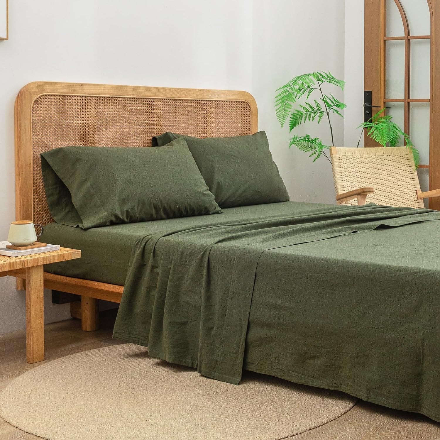 BESTOUCH Sheet Set 100% Washed Cotton Linen Feel Super Soft Comfortable Chic Lightweight 4 Pcs Home Bedding Set Solid Olive Green Cal King