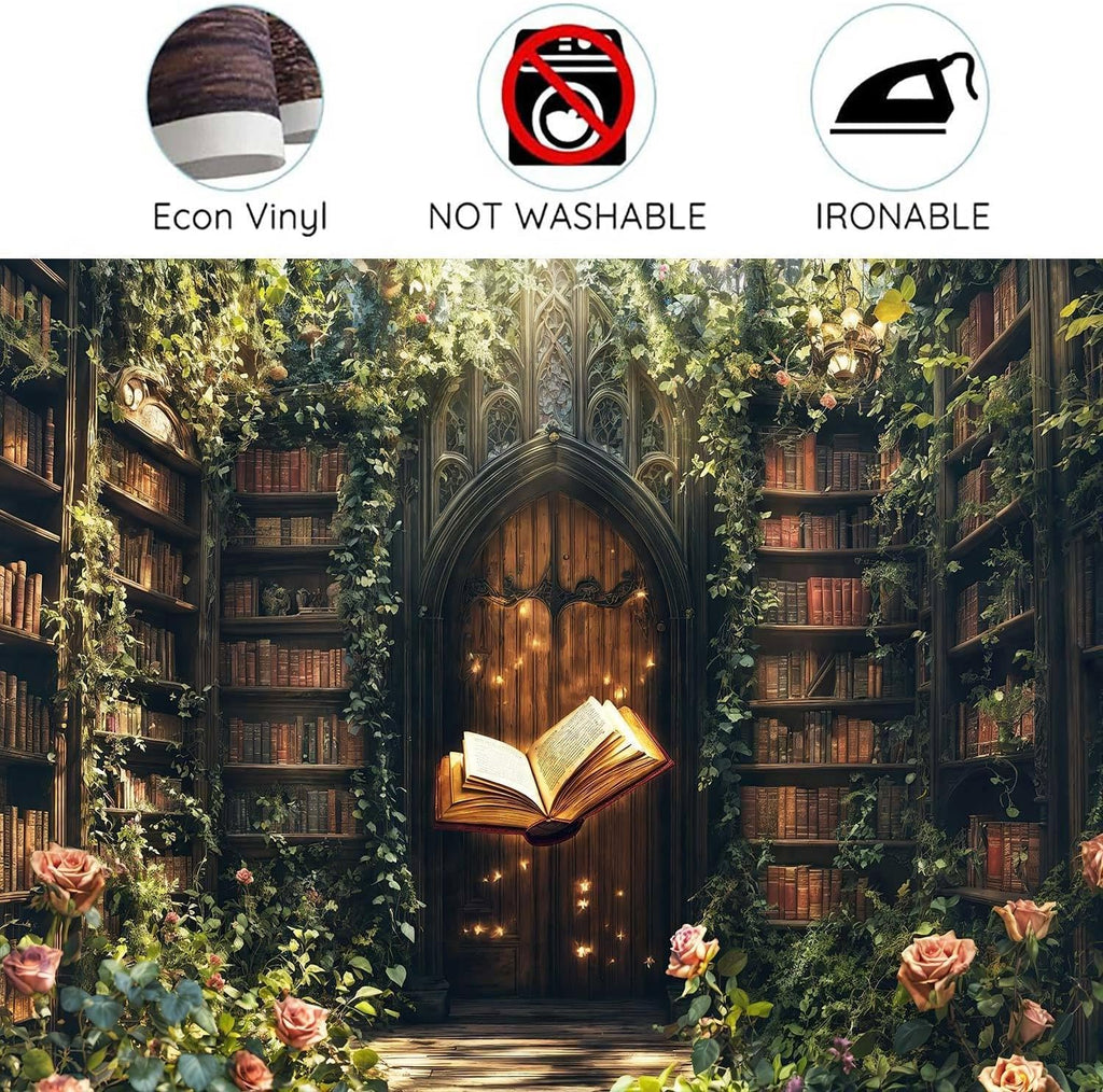 12X8ft Enchanted Magical Retro Forest Backdrop Green Nature Library Bookshelf Photography Background Magic Party Decor for Birthday Baby Shower Photo Shoot Props for Kids Adults