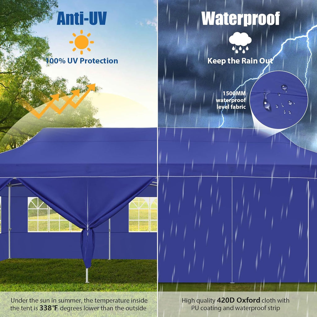 HOTEEL 10x30 Pop up Canopy Tent for Parties, Heavy Duty Easy Setup Tent with 8 Sidewalls, Outdoor Commercial Instant Gazebo for Wedding Event, with Portable Bag & Sand Bags, Dark Blue(Hexagonal Frame)