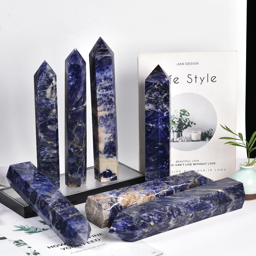 JIC Gem Large Blue Sodalite Obelisk Tower Points Healing Crystal Wand 6 Faceted Blue Quartz Crystals Tower Wand Home Decor Reiki Healing 1.7-2.2 Lbs