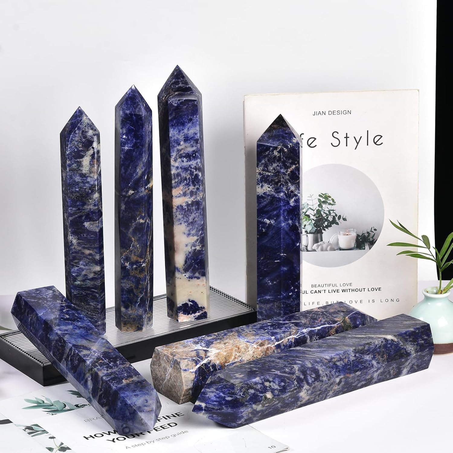 JIC Gem Large Blue Sodalite Obelisk Tower Points Healing Crystal Wand 6 Faceted Blue Quartz Crystals Tower Wand Home Decor Reiki Healing 1.7-2.2 Lbs