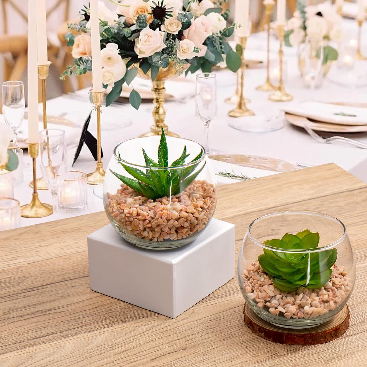 Briful Mini Fake Plants 4 Packs Cute Succulents Artificial Plants Potted Faux Succulents in Round Glass Vase for Bathroom Living Room Kitchen Shelf Table Decor