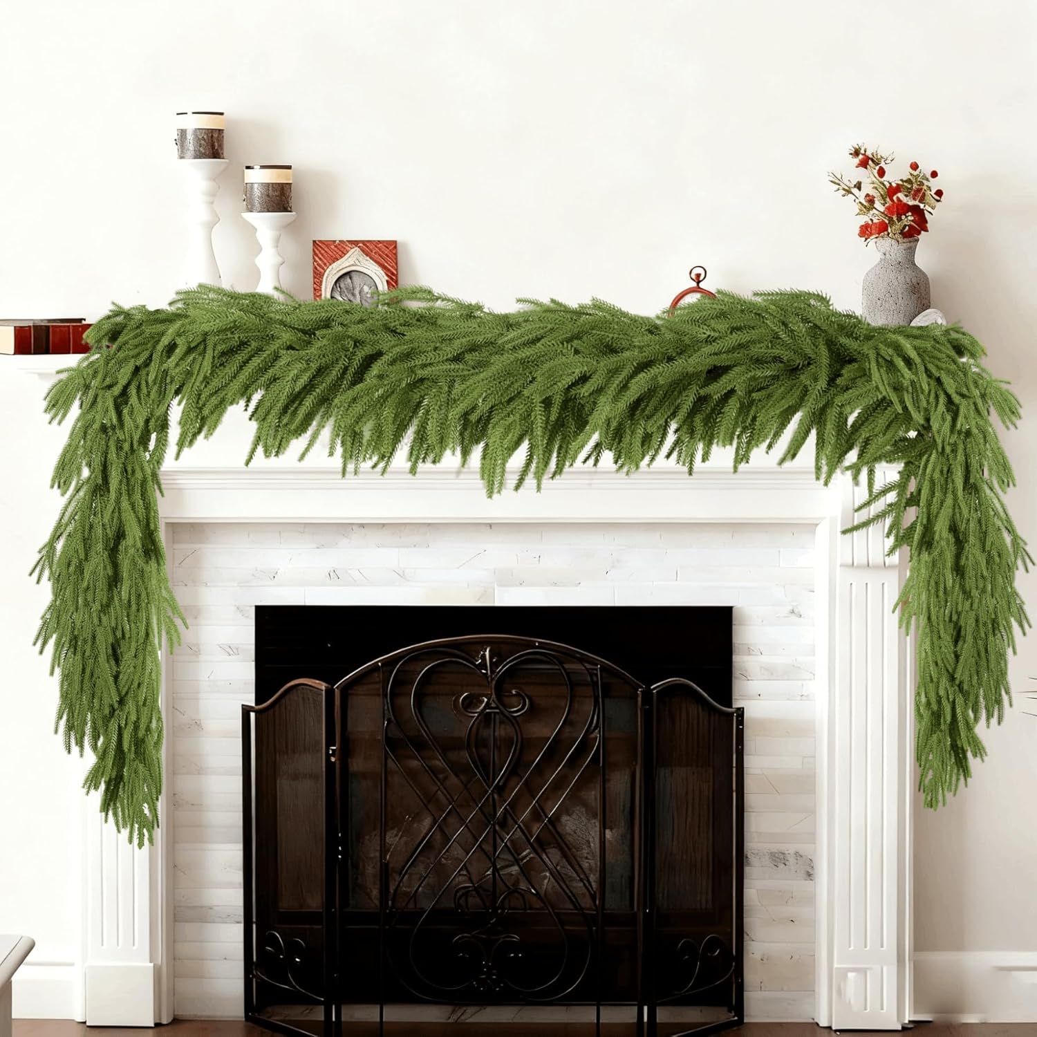 Christmas Garland 2Pcs 6ft Winter Artificial Norfolk Pine Garlands Real Touch Faux Greenery Garland for Table, Mantle, Wall, Indoor, Outdoor Christmas Decorations