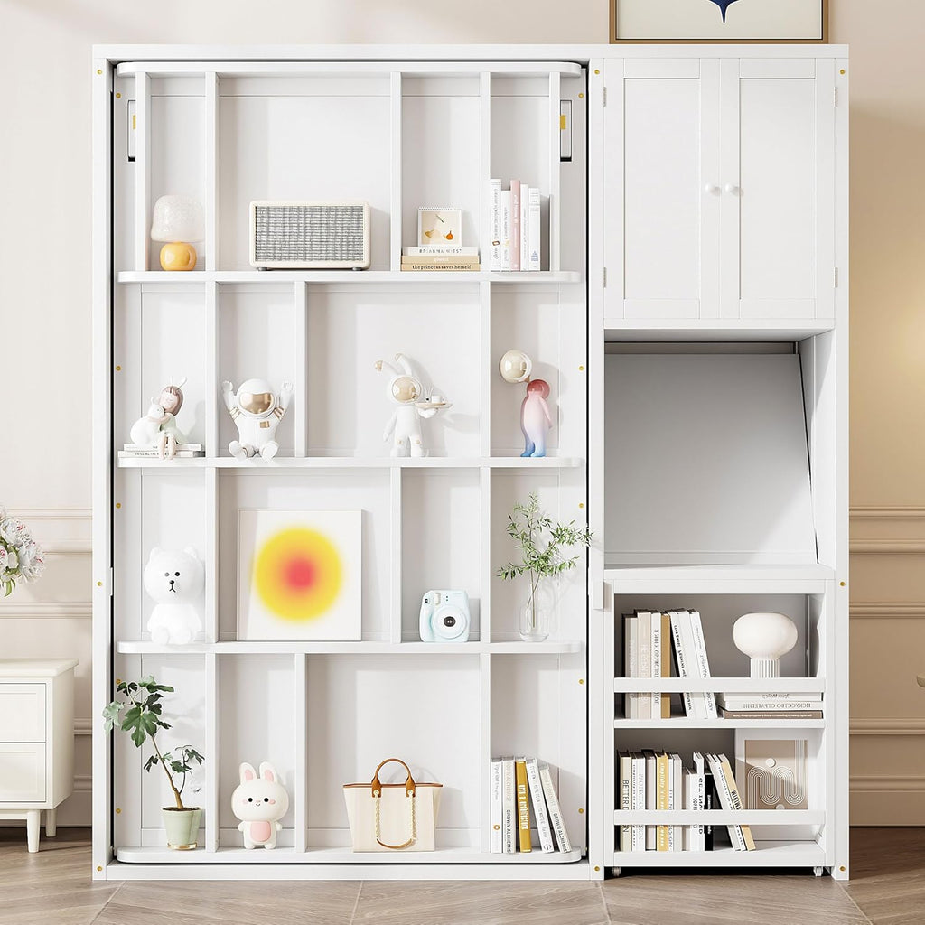 MERITLINE Twin Murphy Bed with Storage Bookcase Bookshelf, Extendable Desk and Cabinet, Wood Rotatable Hidden Murphy Bed with Desk and Shelves,for Adults (White)