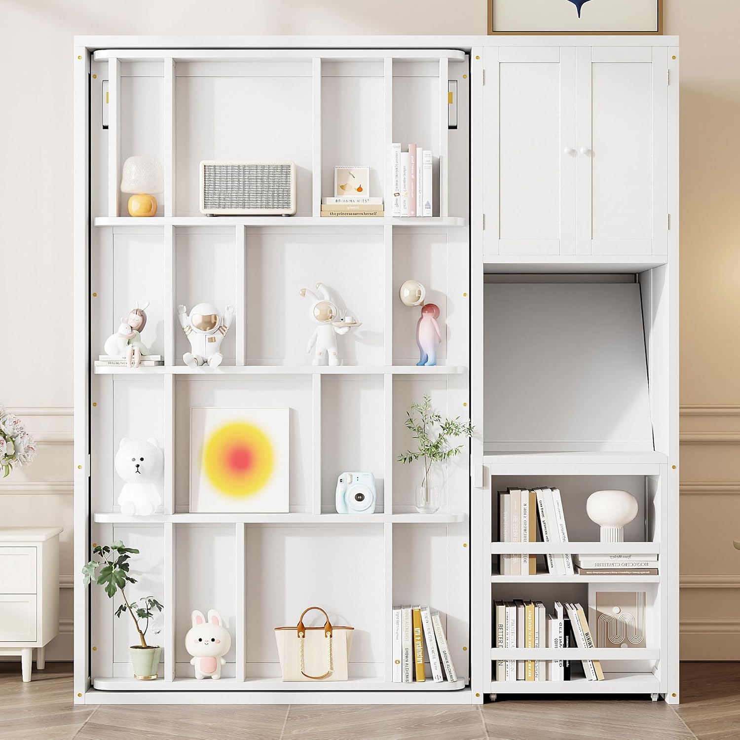 MERITLINE Twin Murphy Bed with Storage Bookcase Bookshelf, Extendable Desk and Cabinet, Wood Rotatable Hidden Murphy Bed with Desk and Shelves,for Adults (White)