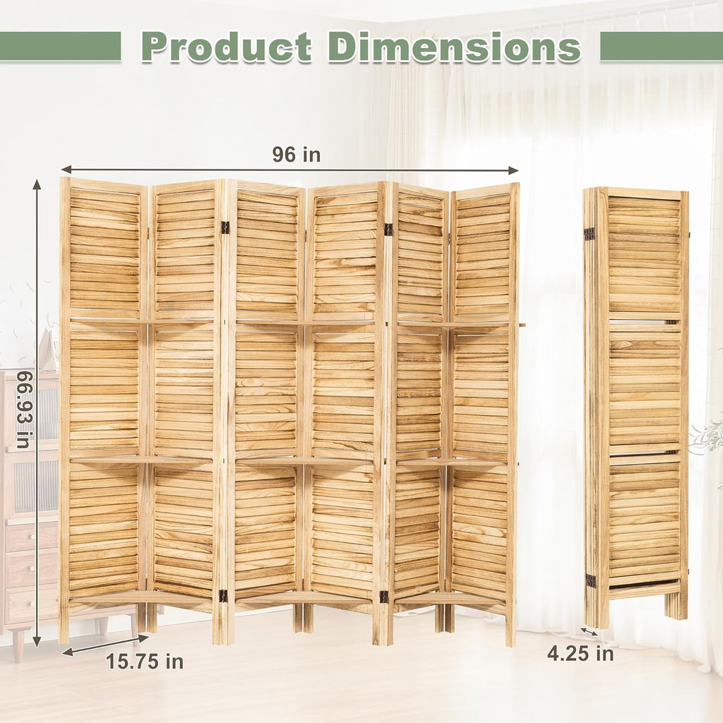 6 Panel Room Divider Freestanding Privacy Screen with Display Shelves Foldable Wooden Room Divider Panel for Bedroom, Home Office, Living Room, Natural