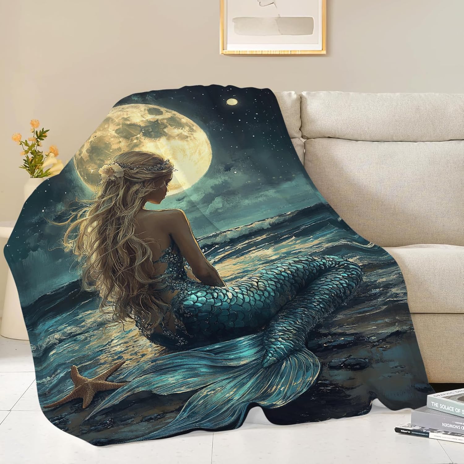 Mermaid Throw Blanket Beach Moon Night Mermaid Stuff Gifts for Kids Girls Boys Adults Women Men Soft Cozy Warm Plush Fluffy Fuzzy Fleece Blanket Decor 40''X50''