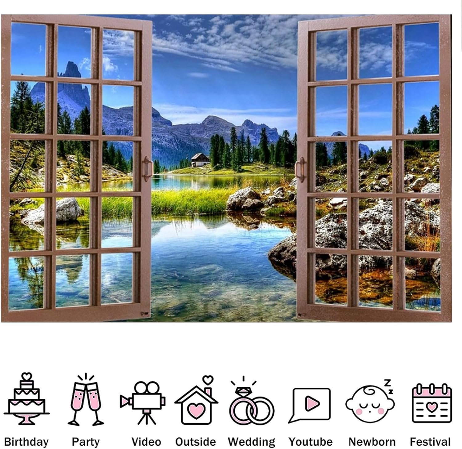 Fabric 6x4ft Lake Scenery Backdrop for Photography Rustic Wooden Window Mountain Rock Lake Photo Background Natural Outdoor Landscape Decoration Tapestry Wallpaper Kids Adults Shoot Props
