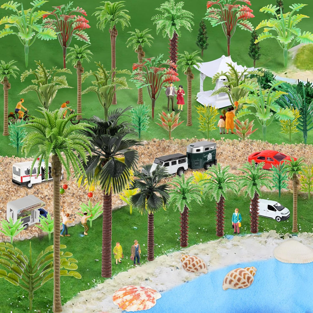 50PCS Mini Model Miniature Palm Trees Beach Coastal City Scenery Coconut Tree Rainforest with Sand and Shells, Architecture Fake Trees for DIY Crafts, Building Model, Scenery Landscape