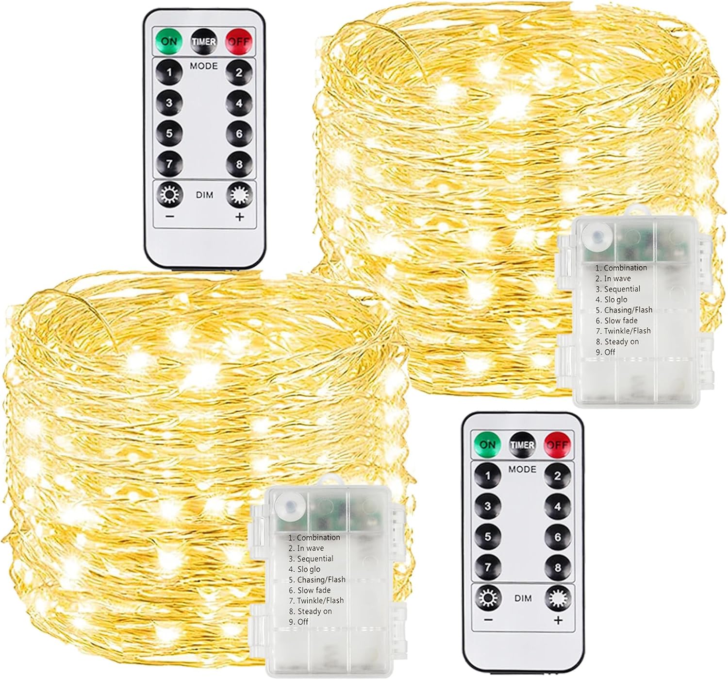 2 Pack 100LED Christmas Battery Operated Fairy Lights with Remote, 8 Modes String Lights with Timer, Dimmable, Memory Function, Waterproof Twinkle Lights for Outdoor Indoor Christmas Decor(Warm White)