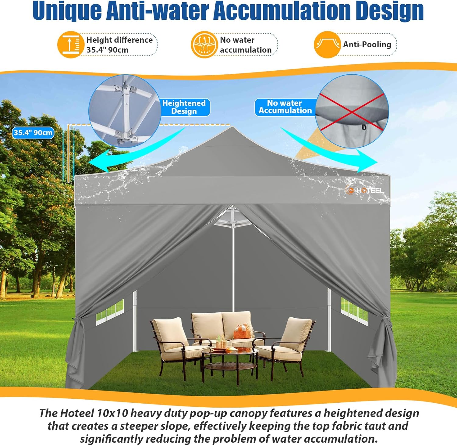 HOTEEL 10x10 Pop up Canopy Tent for Parties, Heavy Duty Easy Setup Tent with 4 Sidewalls, Outdoor Commercial Instant Gazebo for Wedding Event, with Portable Bag, Grey(Hexagonal Frame)