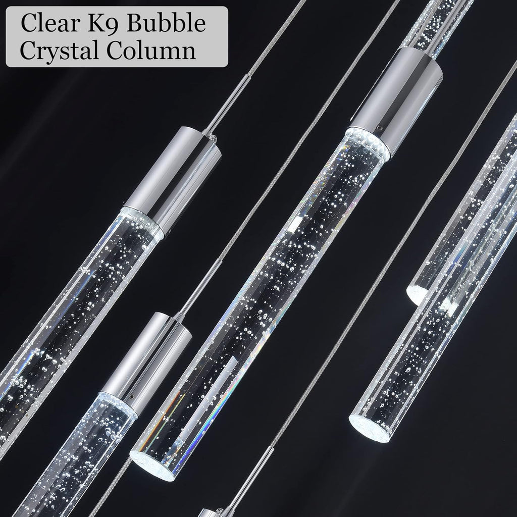 High Ceiling Crystal Chandelier 9-Lights, Spiral Dimmable LED Raindrop Foyer Pendant Light, Bubble Staircase Living Room Hanging Lighting Fixture Chrome