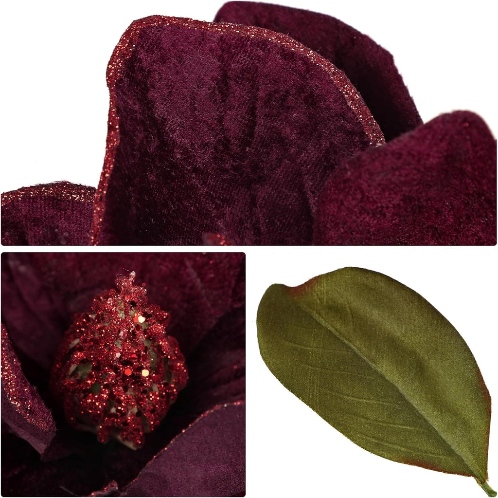 Briful Set of 3 Artificial Christmas Magnolias Flowers – 30’’ Long Stem Faux Magnolia Stems for Tree Ornaments, Holiday Centerpieces & Christmas Decor, Purple