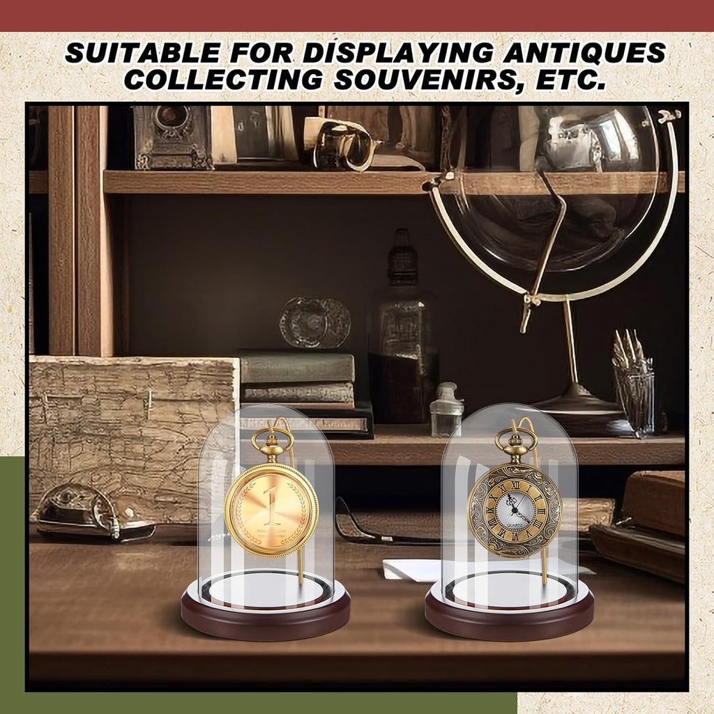 2 Pcs Pocket Watch Glass Display with Hooks Dome Cloche with Wood Base Decorative Glass Display Dome Showcase for Watch Plants Medals Photos Collectibles Dark MDF Base(3" X 5",Gold Hook)