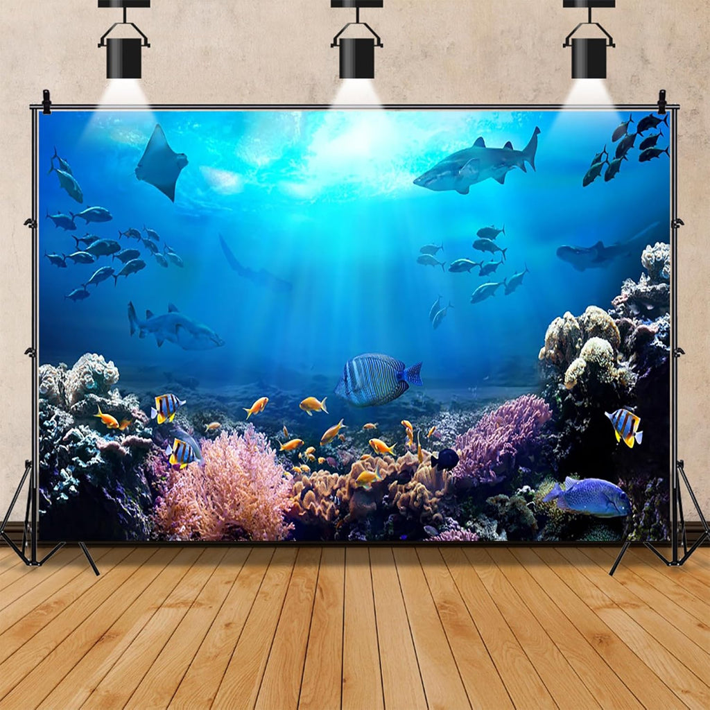 AOFOTO 10x8ft Underwater World Backdrop for Photography Aquarium Seabed Rocks Lights Coral and Fishes Tropical Ocean Scene Under The Sea Background Kids Party Decoration Banner Photobooth Props