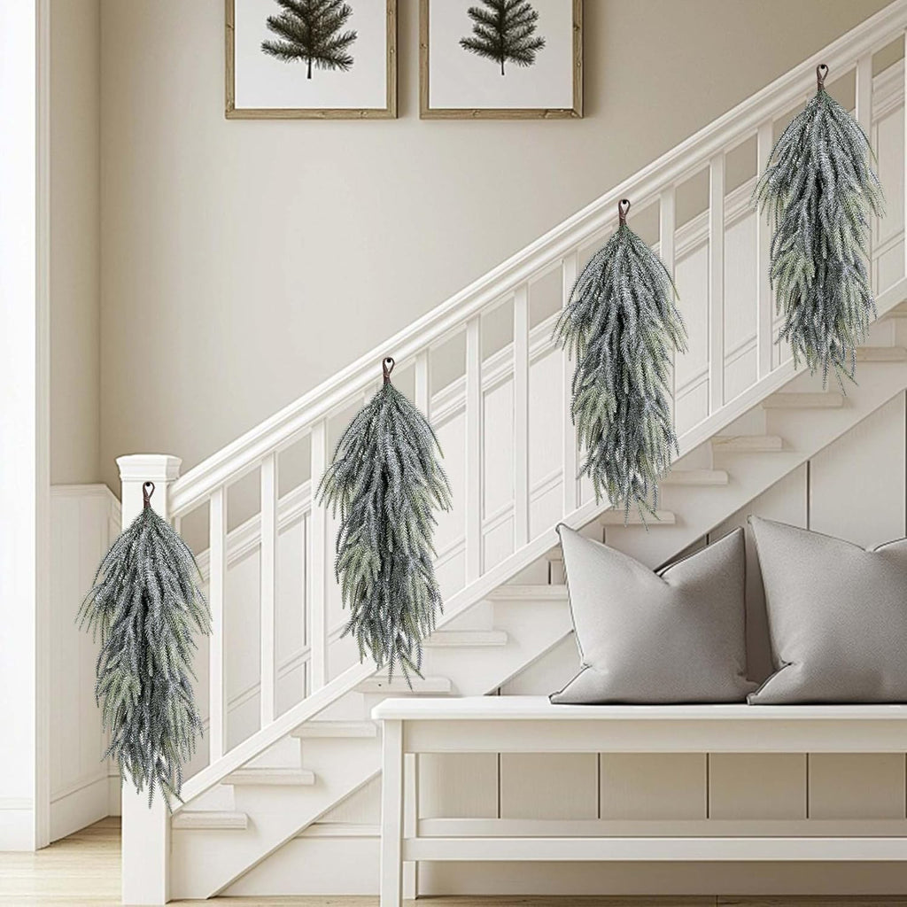 2 Pcs Artificial Christmas Snow Teardrop Swag, 28" Faux Glitter Snow Flocked Norfolk Pine Teardrop Door Swag, White Frosted Real Touch Pine Wreath Staircase Swags for Xmas Door Mantle Fireplace Decor