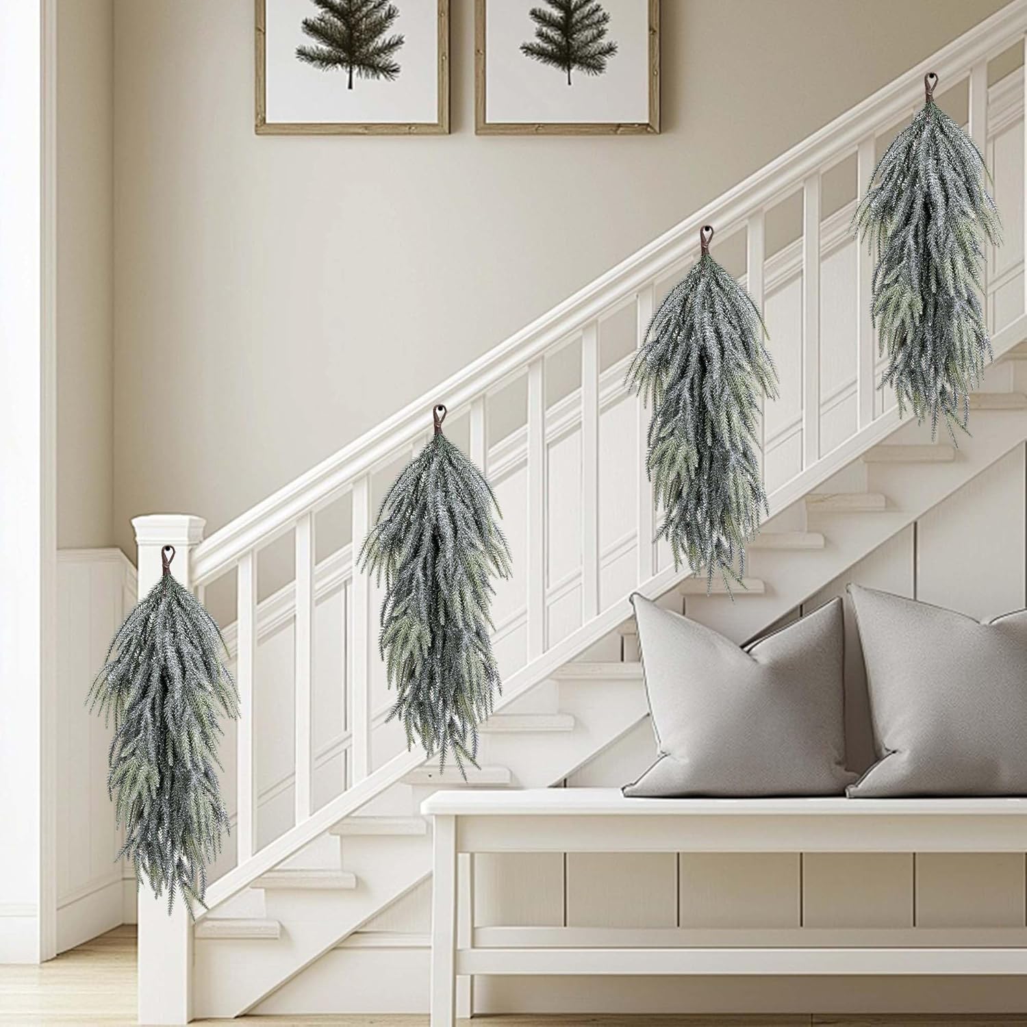 2 Pcs Artificial Christmas Snow Teardrop Swag, 28" Faux Glitter Snow Flocked Norfolk Pine Teardrop Door Swag, White Frosted Real Touch Pine Wreath Staircase Swags for Xmas Door Mantle Fireplace Decor