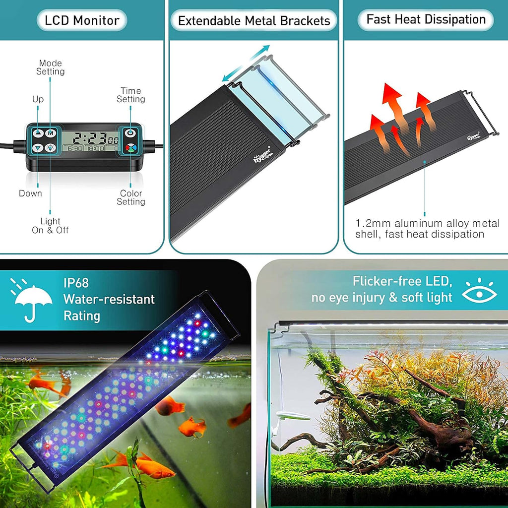 hygger Auto On Off LED Aquarium Light, Full Spectrum Fish Tank Light with LCD Monitor, 24/7 Lighting Cycle, 7 Colors, Adjustable Timer, IP68 Waterproof, 3 Modes for 30"-36" Freshwater Planted Tank