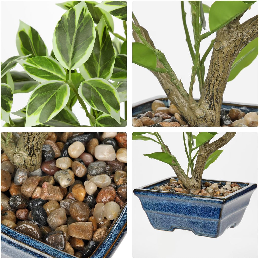Fake Plants Small Artificial Plants Indoor 15.3" Fake Potted Plants Realistic Faux House Topiary Plants with Blue Ceramic Pot for Home Office Bathroom Kitchen Farmhouse Table Centerpieces Shelf Decor