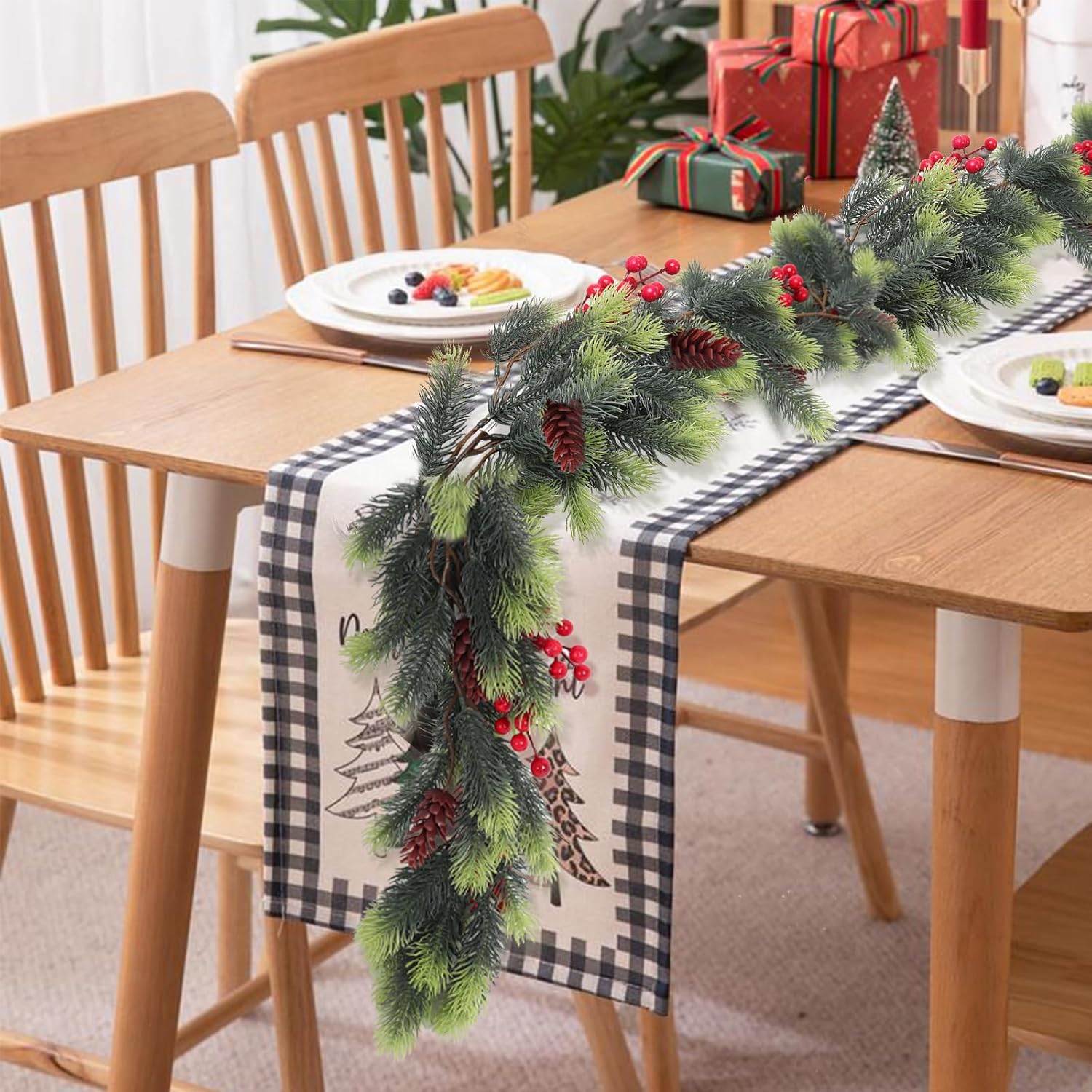 SJL Pine Garland Realistic Christmas Garland with Red Berries Holly Berry Garlands Faux Pine Branches Artificial Cedar Cypress Garlands for Mantle Stairs Table Fireplace Xmas Decorations(Light Green)