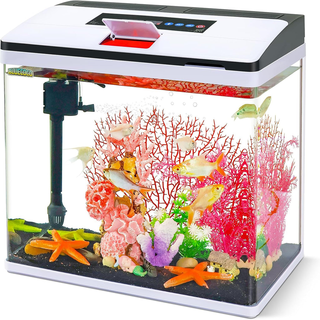 12 Gallon Fish Tank Starter Kit with Eco-Cycle Filtration, 7-Color LED Light & Air Pump. Features 360° Crystal View, Temp/Time Display, Quiet Aquarium Kit for Betta & Freshwater Fish.