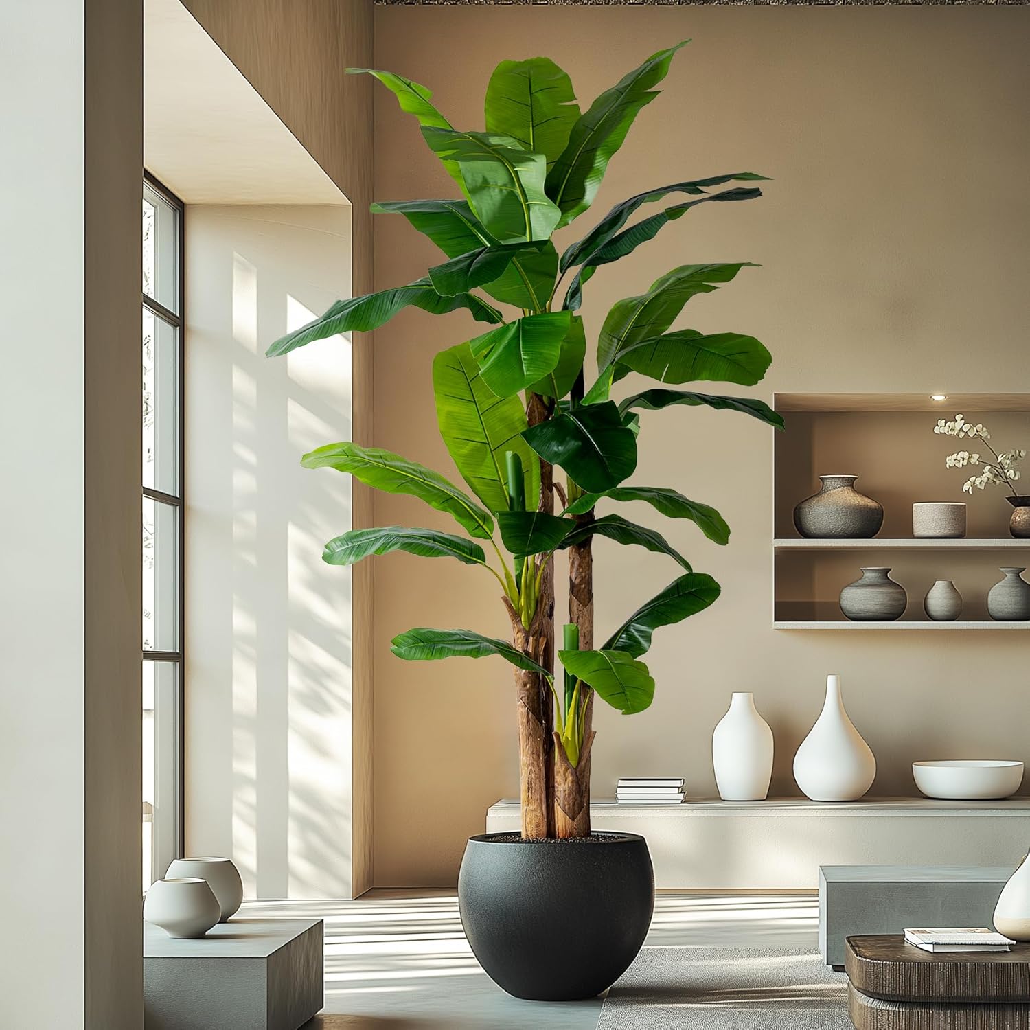 9FT Artificial Banana Tree Tall Fake Banana Leaf Plant Faux Banana Silk Tree Faux Banana Leaves for Home Swimming Pool Indoor Outdoor Patio Tropical Decor