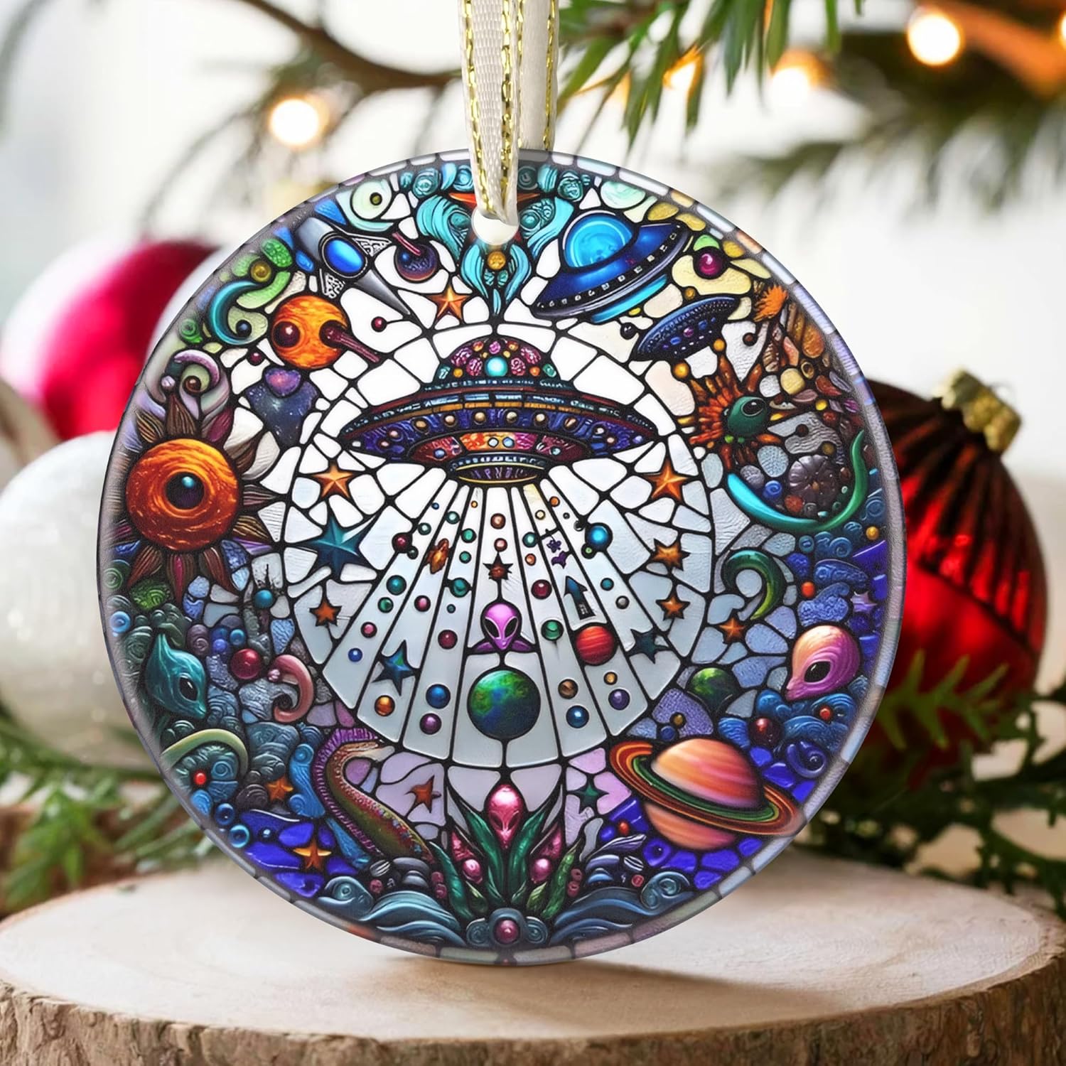 2025 UFO & Alien Christmas Tree Ornament - Christmas Decoration, Round Ceramic Holiday Decor, Gift Idea for Friends