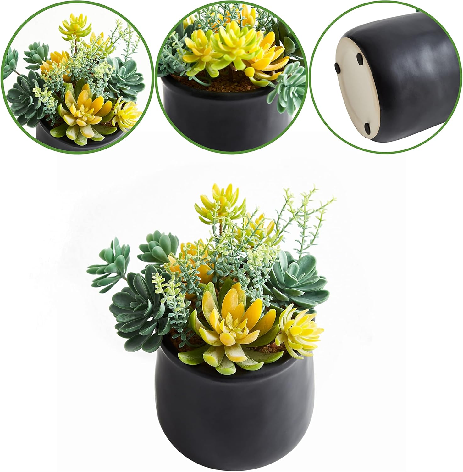 Artificial Succulents in Ceramic Pots 2 Pcs Large Fake Plants Matte Black Decor, for Desk, Bedroom, Living Room, Bathroom, Office, Bookshelf, Home Faux Decoration