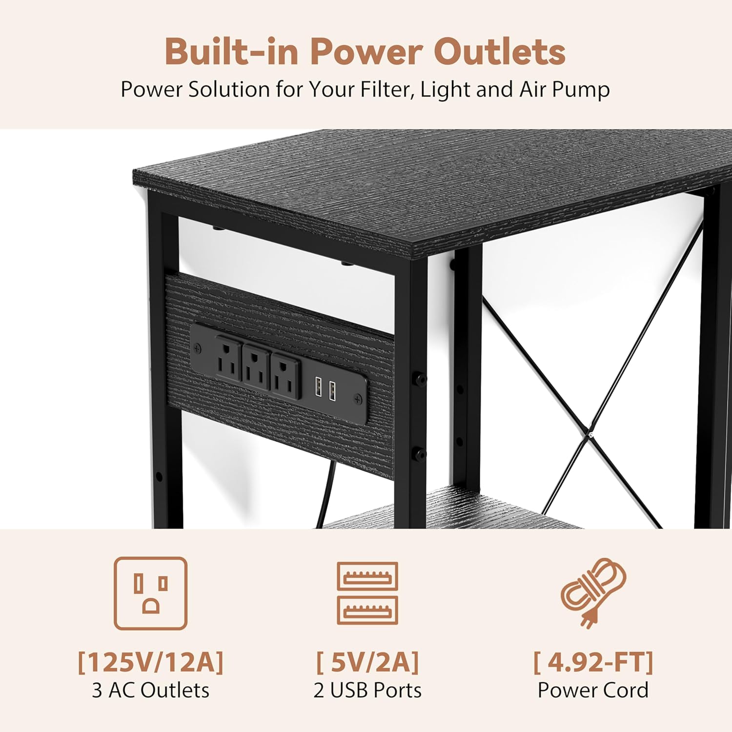GRLEAF 20-30 Gallon Fish Tank Stand with Power Outlets, 4 Tier Metal Aquarium Stand with Wood Storage Shelves, 30.7" L x 13.8" W x 30.3" H Turtle Reptile Fish Tank Table Aquarium Table - Black