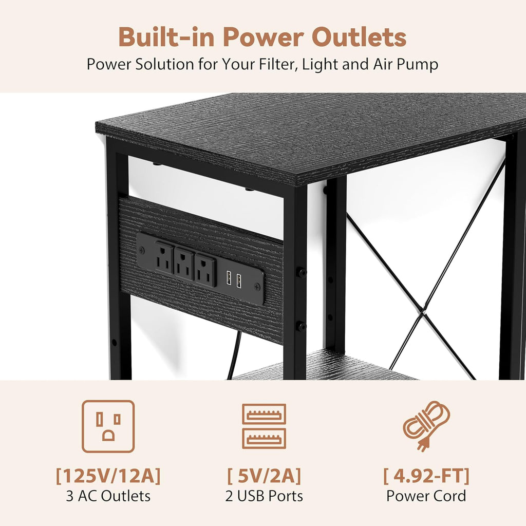 GRLEAF 10-20 Gallon Fish Tank Stand with Power Outlets, 4 Tier Metal Aquarium Stand with Wood Storage Shelves, 20.3" L x 10.6" W x 30.3" H Turtle Reptile Fish Tank Table Aquarium Table - Black