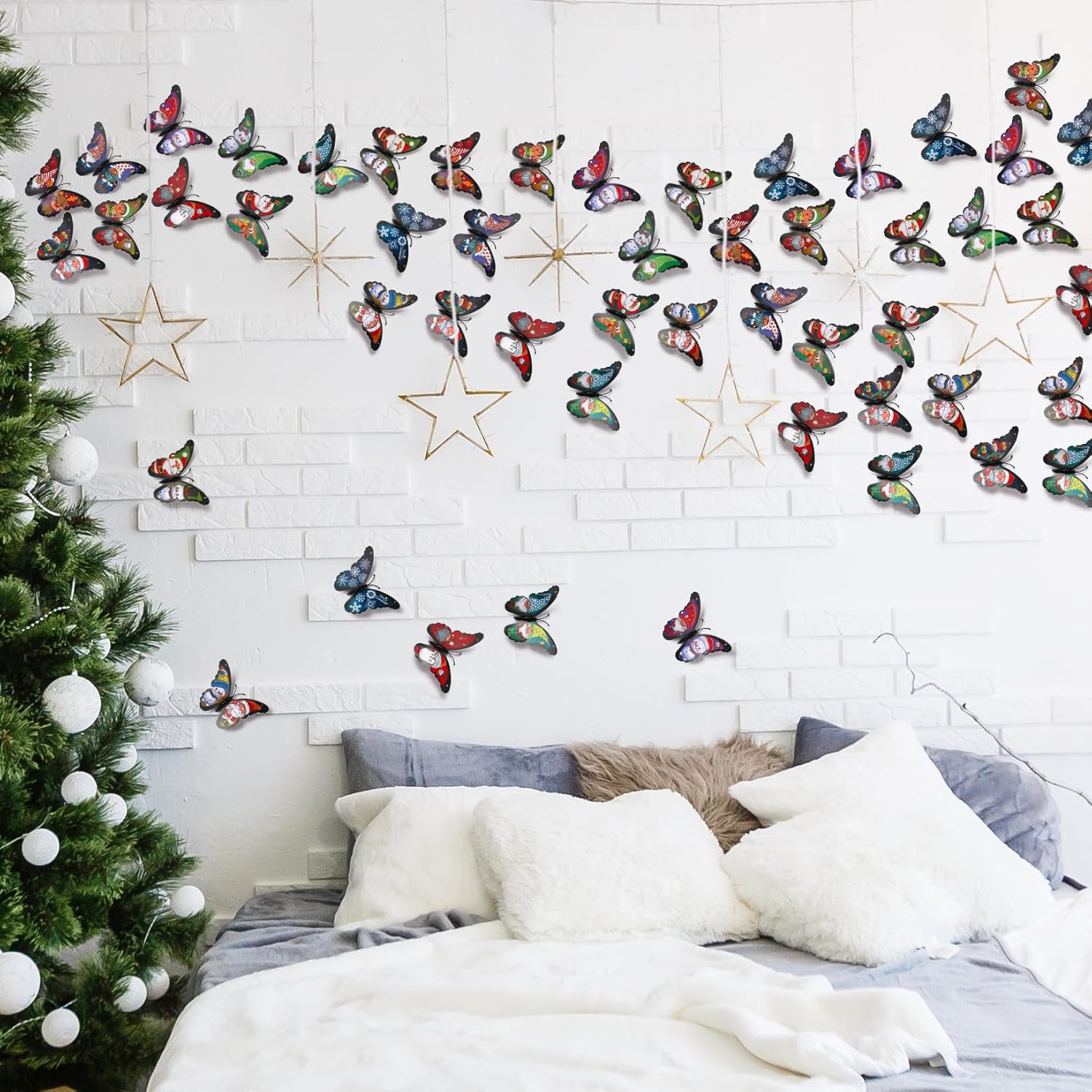 LiveGallery 72 PCS 6 Colors Removable 3D Merry Christmas DIY Beautiful Butterfly Wall Decals Colorful Santa Claus, snowmen, snowflakes, elk Butterflies Art Decor Wall Stickers Murals for Kids Baby Boy