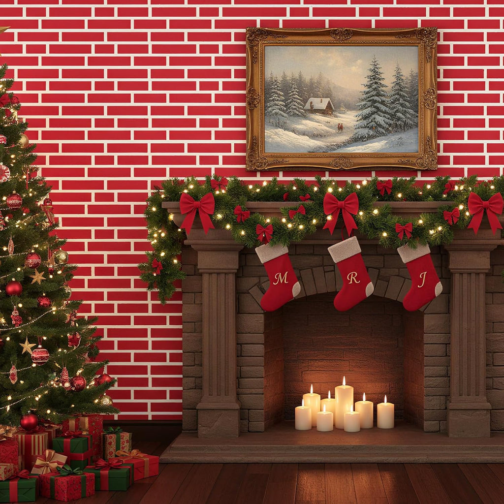 VitalCozy 10 x 30 ft Christmas Brick Wall Backdrop for Photoshoot Polyester Fabric Brick Backdrop Background for Fireplace Home Decoration Newborn Birthday Party (Bright Red)