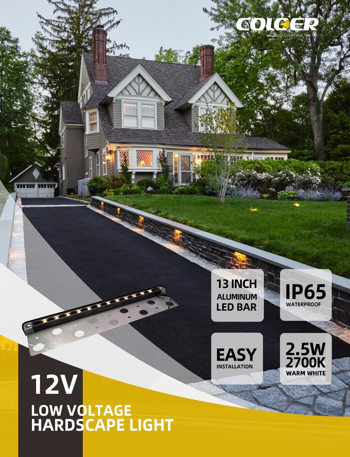 COLOER 13 Inch Aluminum LED Hardscape Lighting, Retaining Wall Lights, Paver Light Low Voltage, 12V AC/DC, 2.5W Outdoor Step Lights, IP65 Waterproof Stair Light Outdoor, 2700K Warm White(4-pack, 201A)