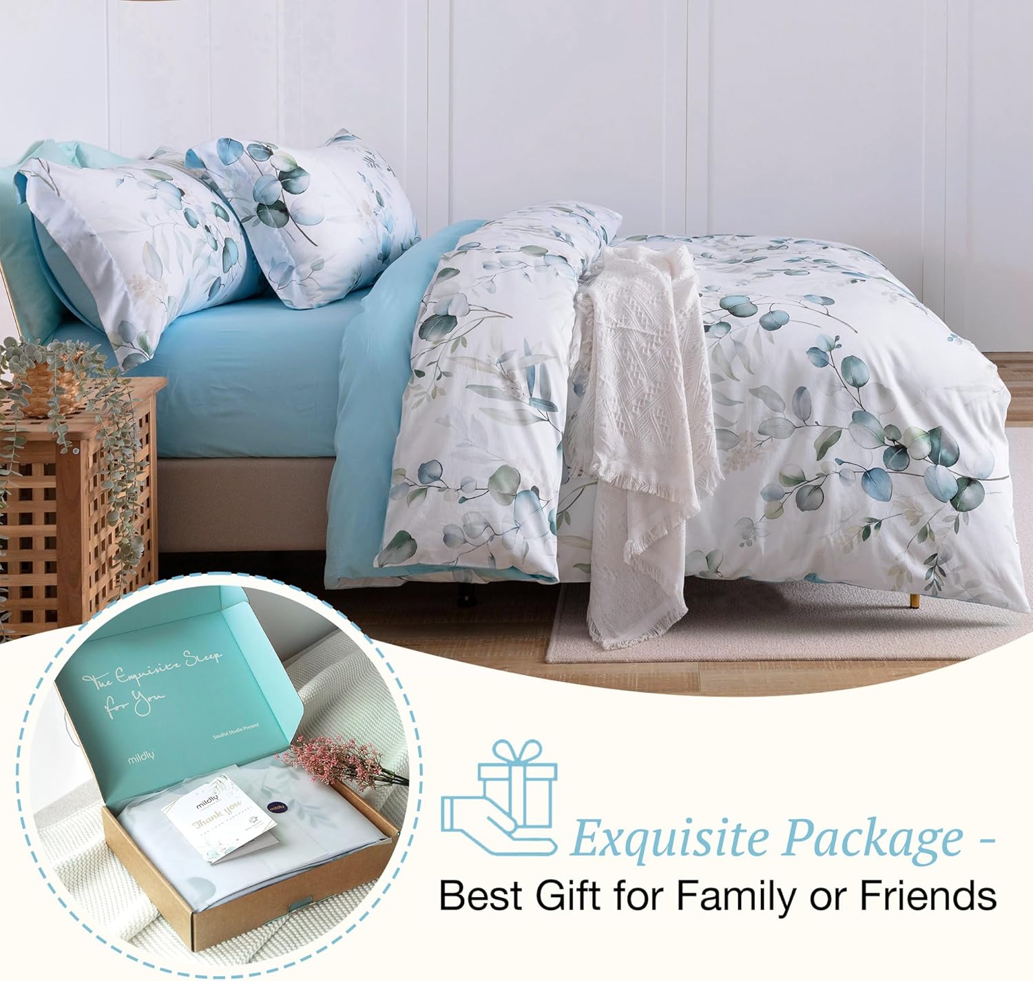 MILDLY 100% Long-Staple Cotton Duvet Cover Set Baby Blue Teal Gradient Leaf Pattern Printed Comforter Cover 3pcs, Ultra Soft & Breathable Bedding Set