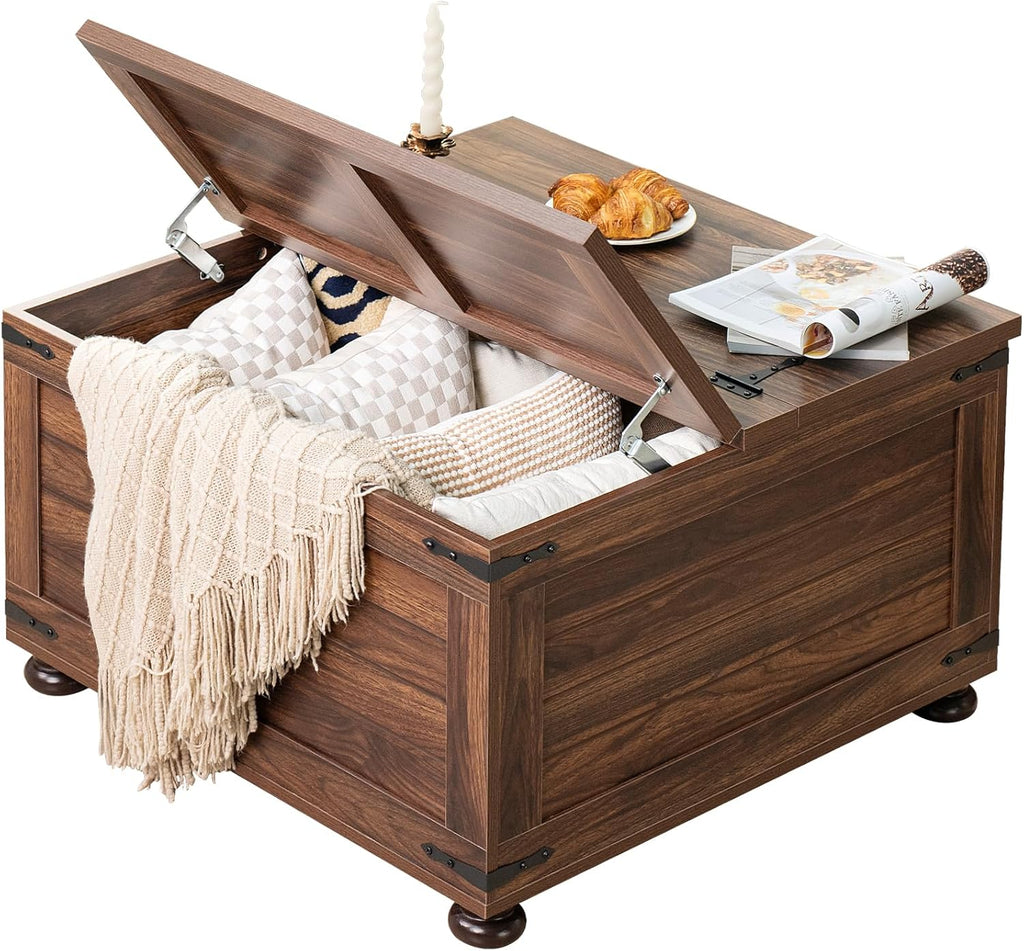 Farmhouse Coffee Table with Hidden Storage,Large Square Center Table for Living Room,Retro Cocktail Tables with Flip-Top Lids, Farm House Tables with Wooden Gourd Feet for Home,Brown Walnut