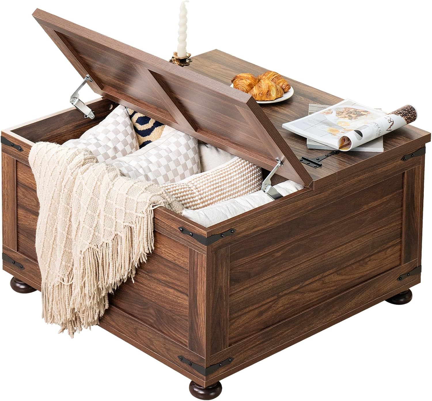 Farmhouse Coffee Table with Hidden Storage,Large Square Center Table for Living Room,Retro Cocktail Tables with Flip-Top Lids, Farm House Tables with Wooden Gourd Feet for Home,Brown Walnut