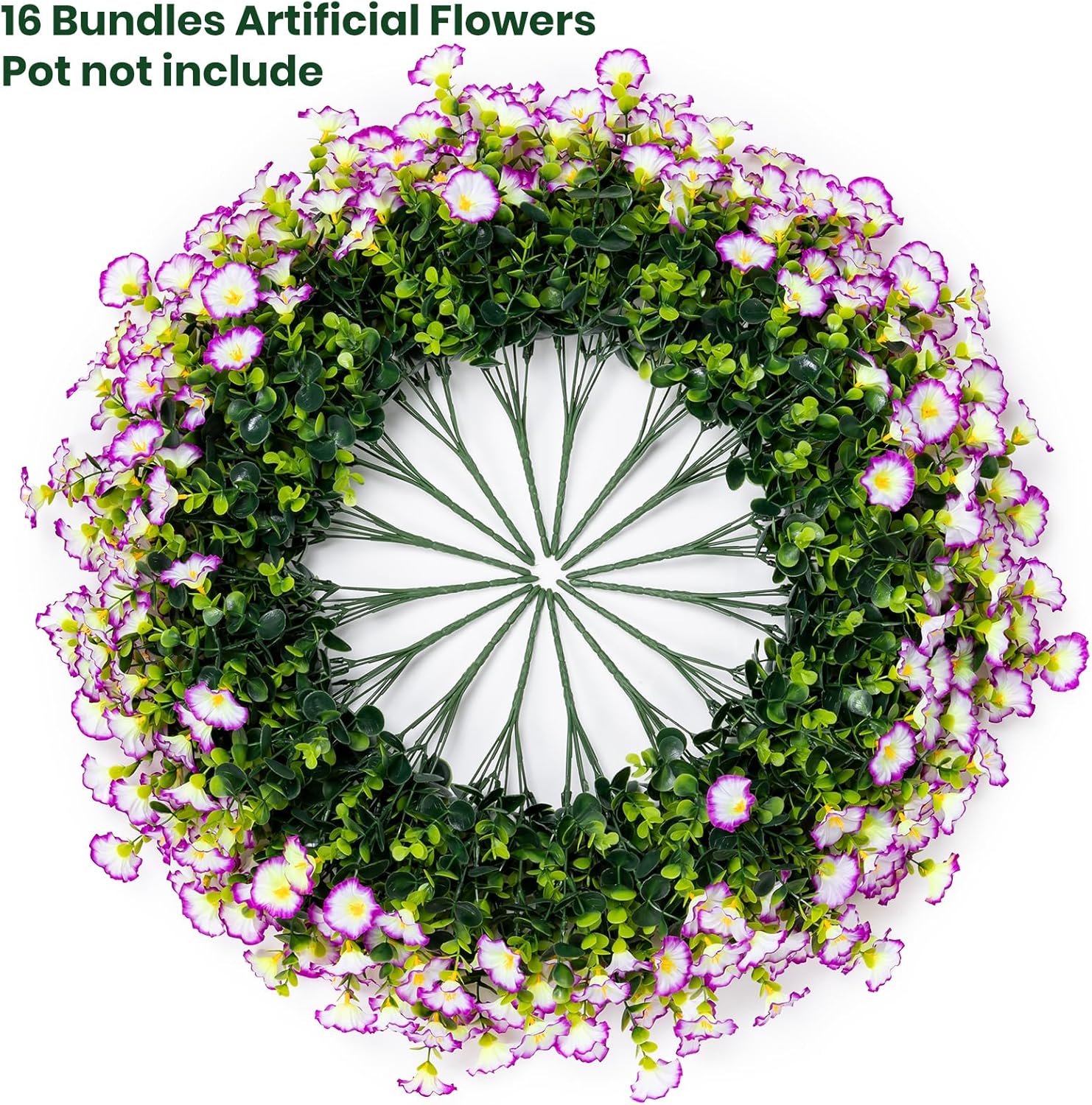 Artificial Faux Flowers for Outdoor 16 Bundles Boxwood Fake Morning Glory for Planter,UV Resistant Fake Flowers for Home Porch Patio Outside（Purple/White）