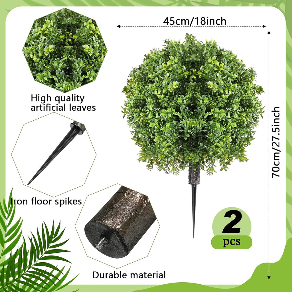 2 Pcs Artificial Boxwood Topiary Ball Bush 26" Tree UV Resistant with Spike Easy to Push in The Ground Fake Boxwood Plants Faux Greenery Shrubs for Indoor Outdoor Home Garden (Light Green)