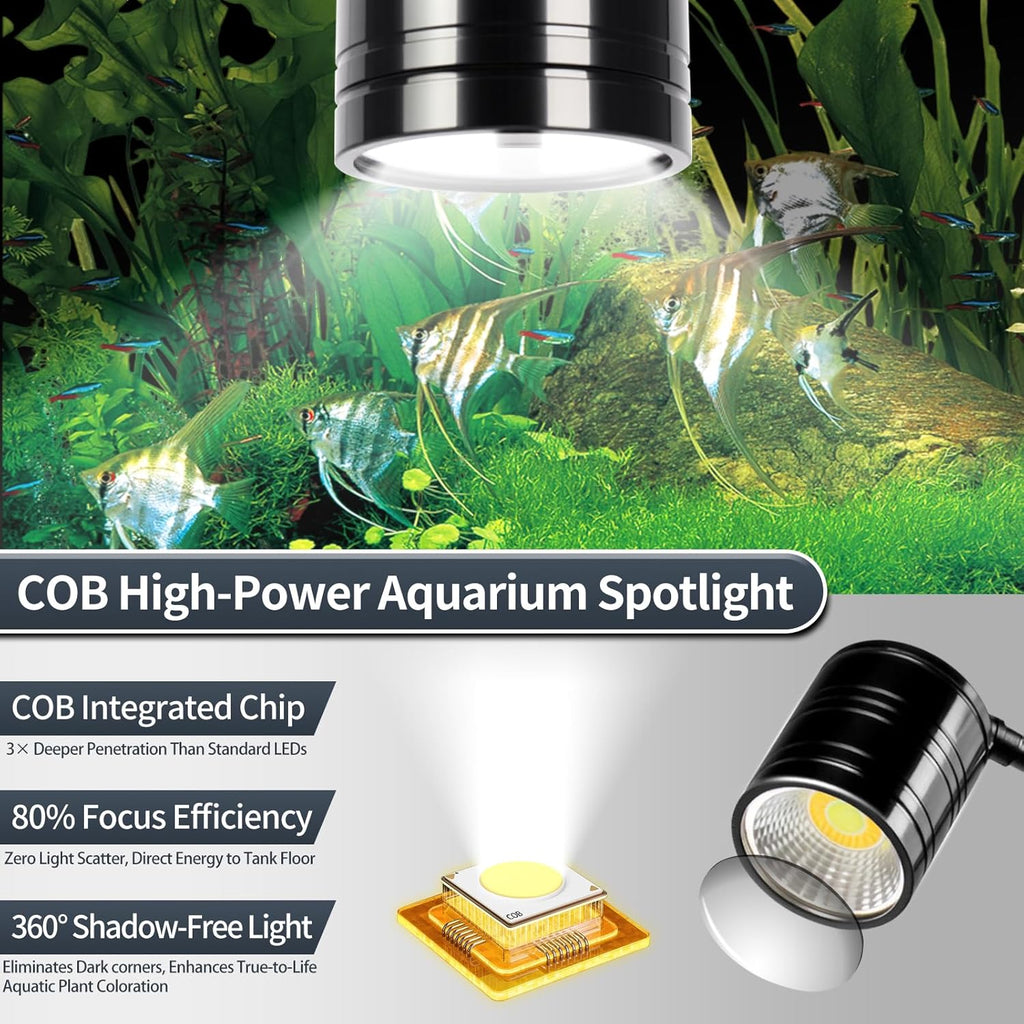 UPETTOOLS Aquarium LED Light 10W, 2700K-6000K Fish Tank Spotlight with 3 Light Colors, Adjustable Light Head, for Different Models Planted Freshwater Tank