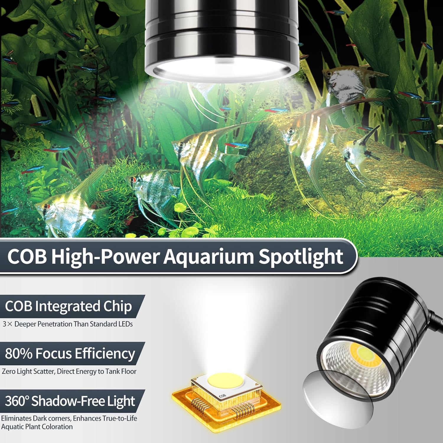 UPETTOOLS Aquarium LED Light 10W, 2700K-6000K Fish Tank Spotlight with 3 Light Colors, Adjustable Light Head, for Different Models Planted Freshwater Tank