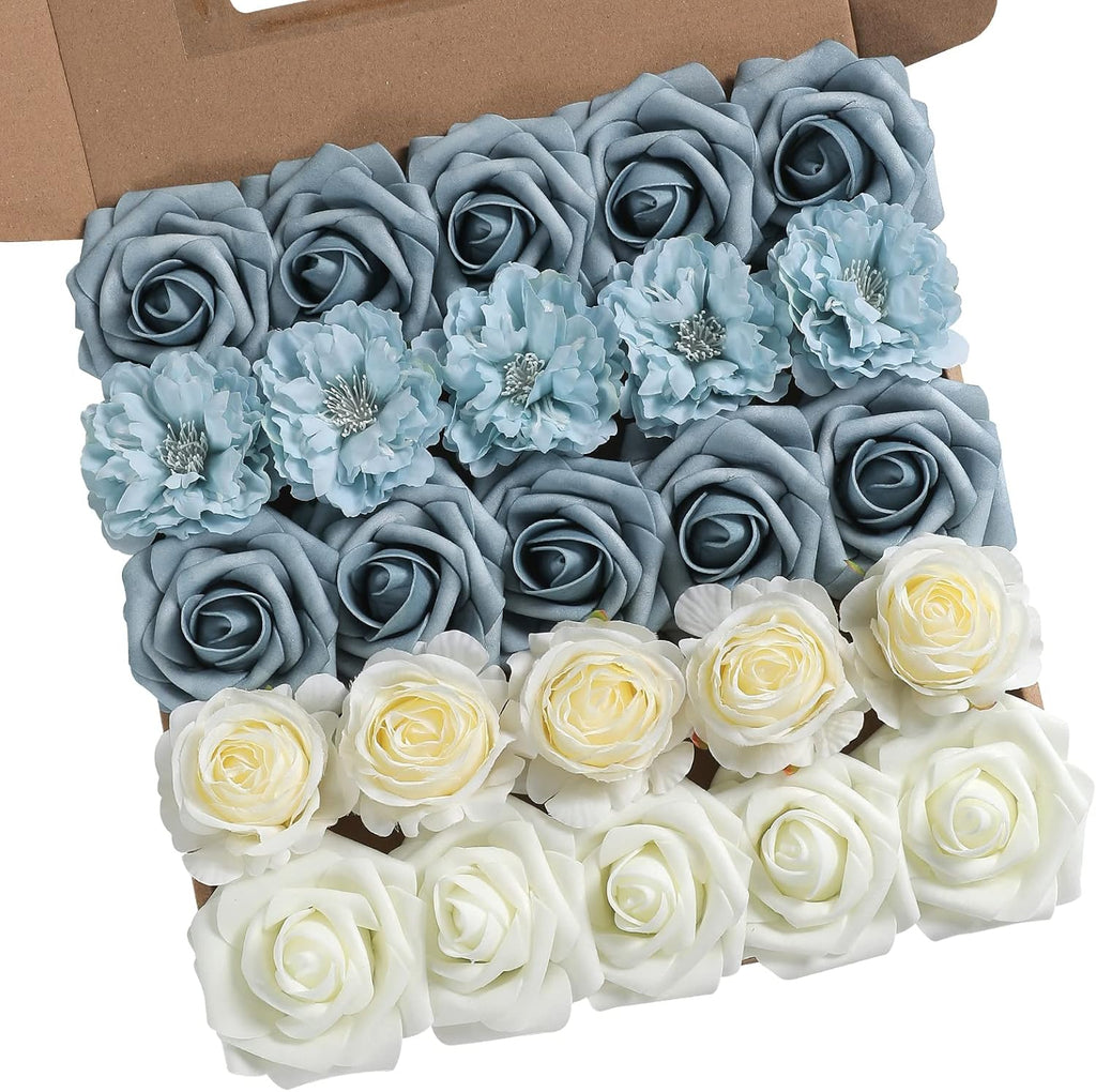 Artificial Flowers Combo Box Set Gradient Color Flower Leaf with Stems for DIY Wedding Bouquets Centerpieces Baby Shower Party Home Decor (Blue & White)