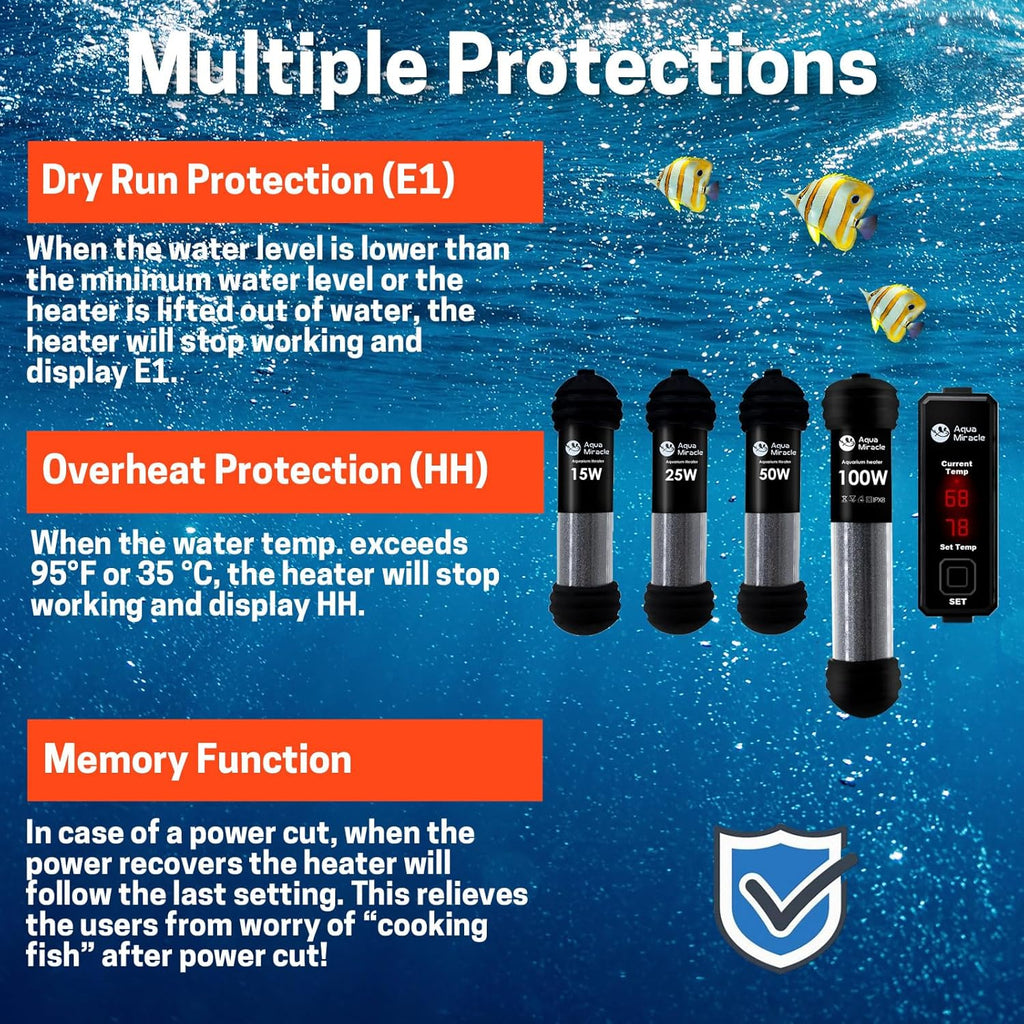 AquaMiracle Upgraded 50W Small Aquarium Heater Fish Tank Heater Turtle Heater Super Mini Aquarium Heater, Dry-Run/Overheating Protection and Memory Function, Dual LED Display, for 5-10 Gal Tanks