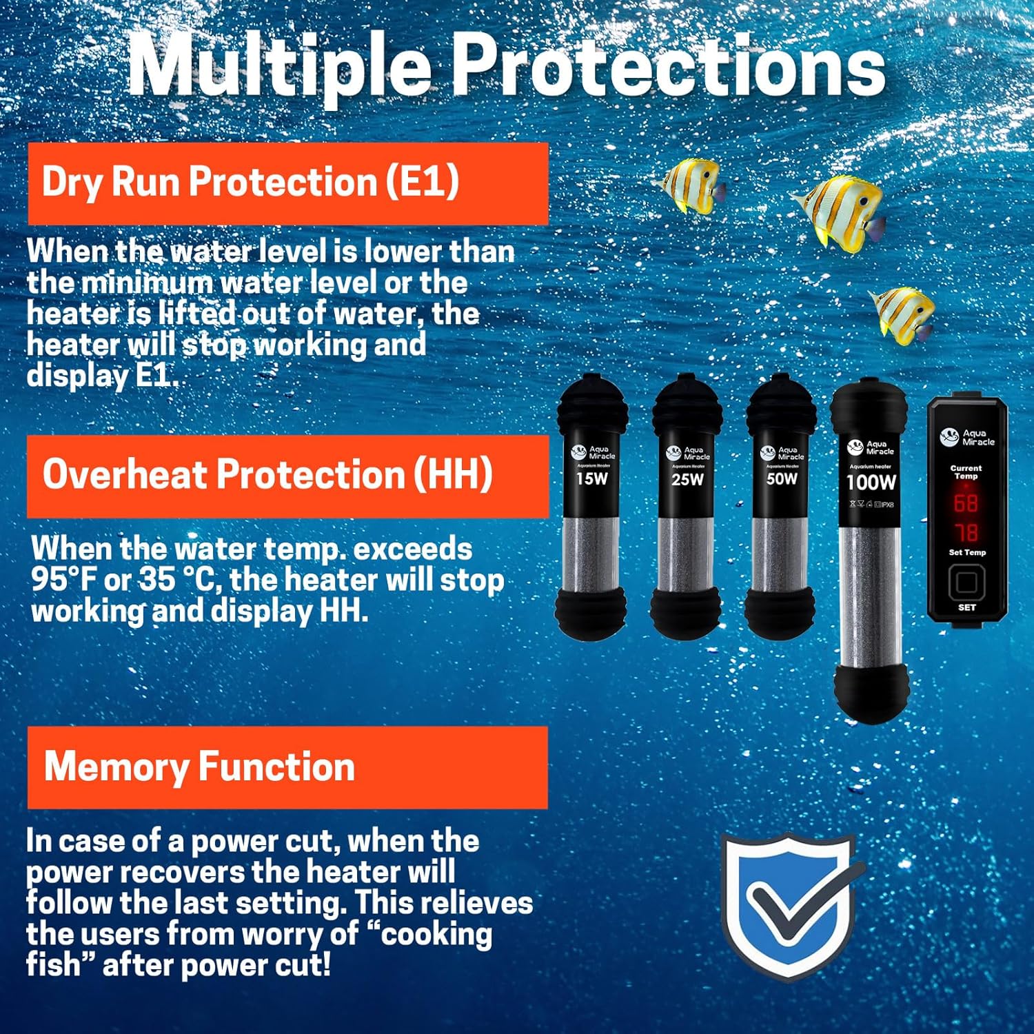 AquaMiracle Upgraded 50W Small Aquarium Heater Fish Tank Heater Turtle Heater Super Mini Aquarium Heater, Dry-Run/Overheating Protection and Memory Function, Dual LED Display, for 5-10 Gal Tanks