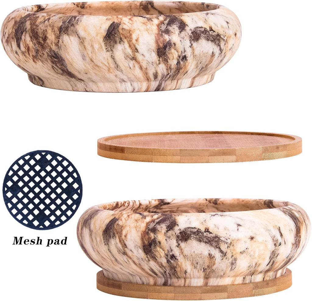 ARTKETTY Succulent Pots - 7.3 Inch Ceramic Bonsai Pots with Trays Set of 2, Large Succulent Plant Pots with Drainage Shallow Planters for Indoor Plants Marble Cactus Flower Plant Container Bowl